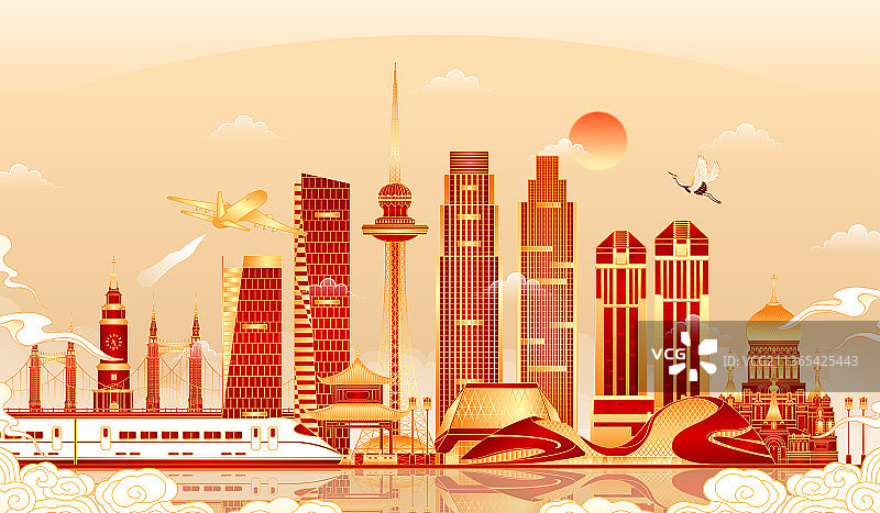 新年黑龙江哈尔滨地标建筑矢量插画图片素材