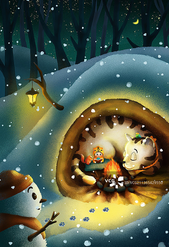 雪天夜晚的陪伴|唯美治愈场景插画图片素材