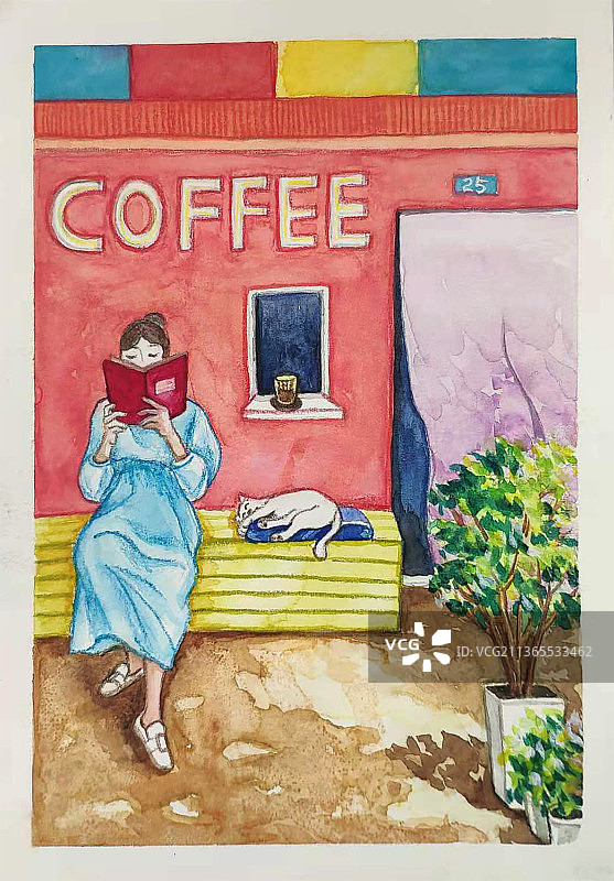 手绘水彩插画咖啡馆看书图片素材