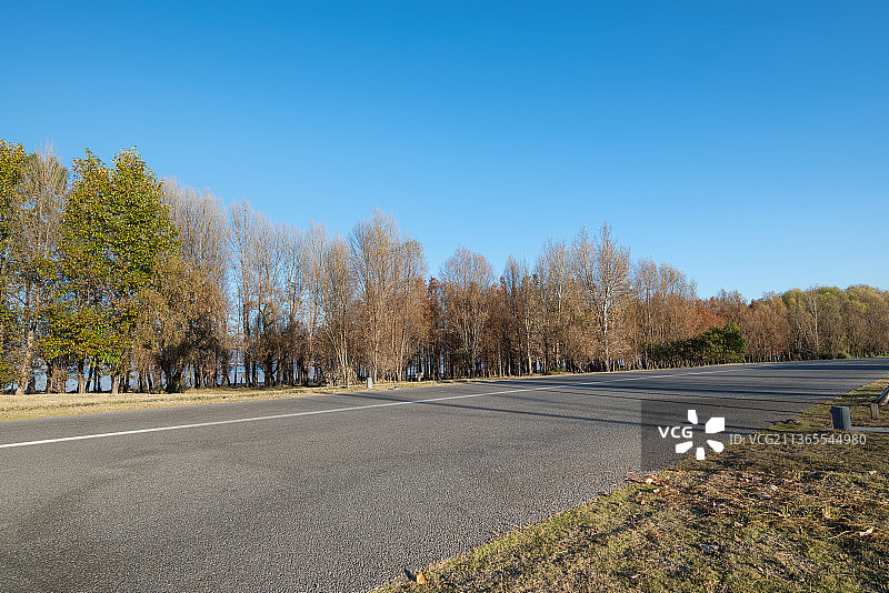 云南大理洱海湖边公路树林草地白昼晴天图片素材