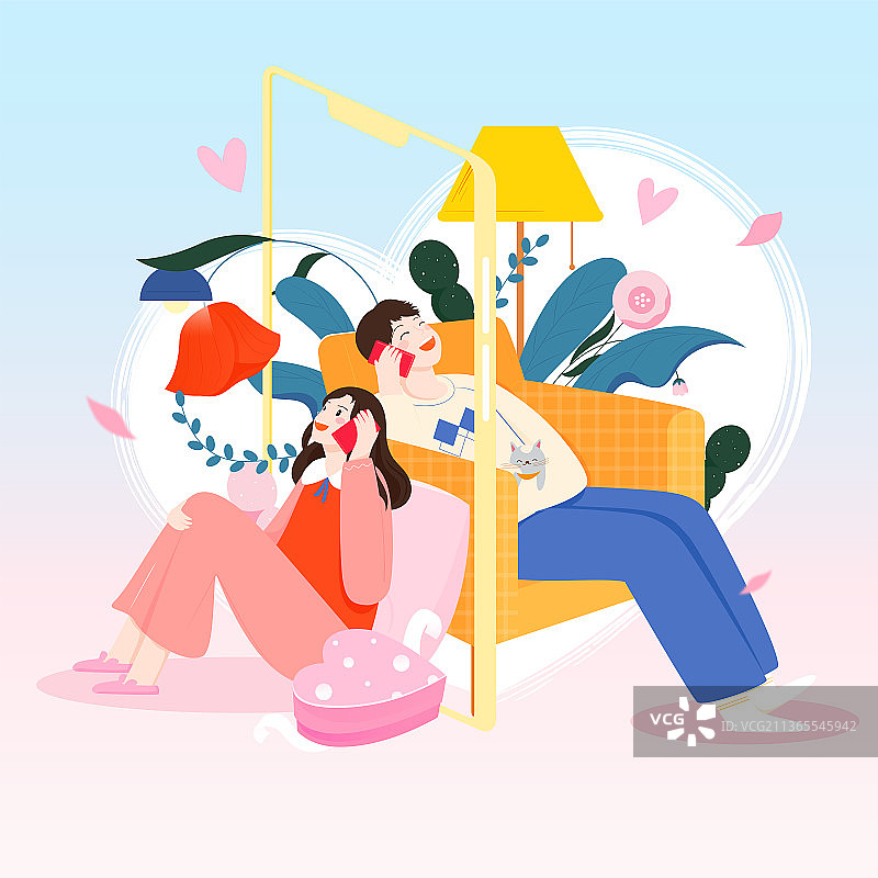 情侣异地打电话约会矢量插画图片素材
