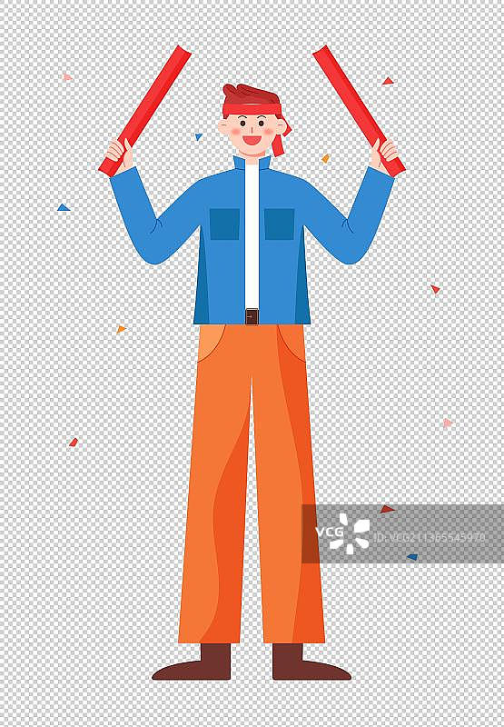 男孩戴发带拿着充气棒加油打气扁平风矢量免抠人物元素图片素材