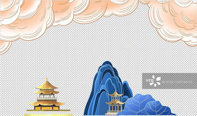 国潮风插画祥云和古风建筑图片素材