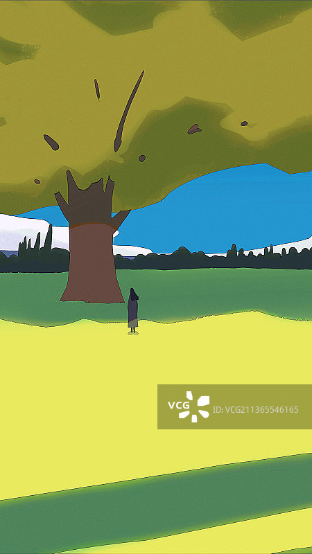 蓝天白云大树下的人图片素材