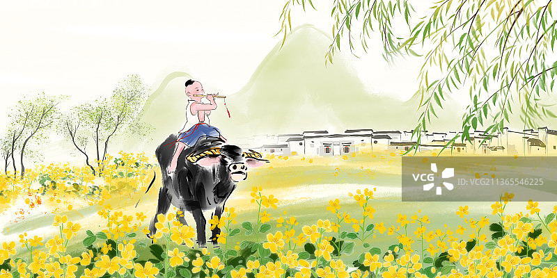 放牛的牧童横版图片素材