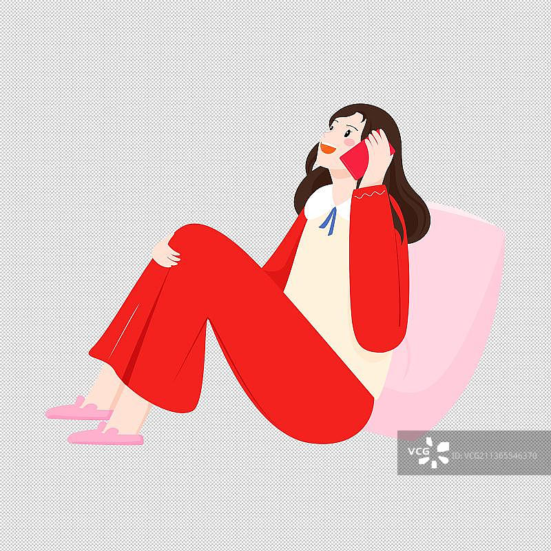 坐在地上开心打电话的女孩矢量插画元素图片素材