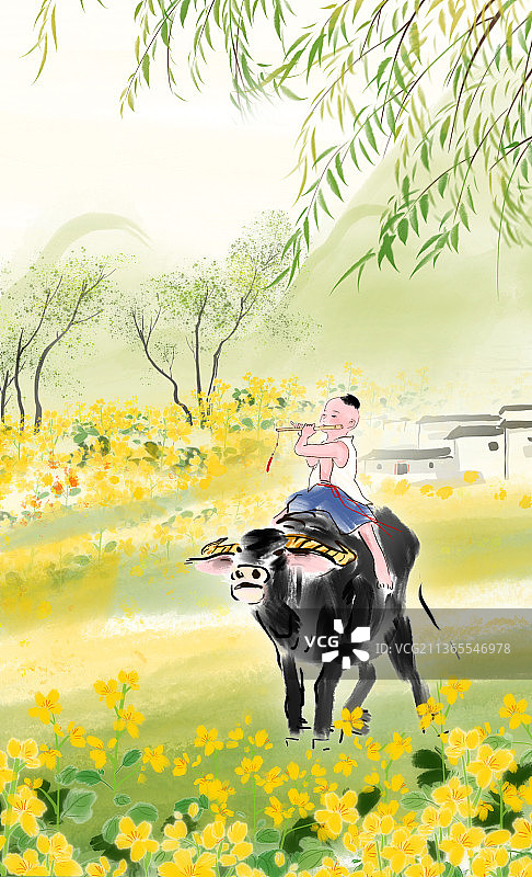 吹笛牧童骑着牛和江南乡村风景图片素材