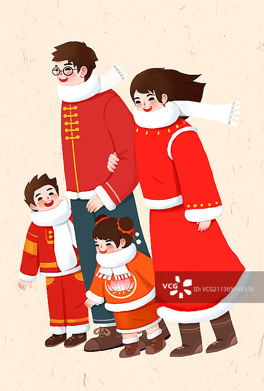 喜气洋洋迎新年插画一家四口图片素材