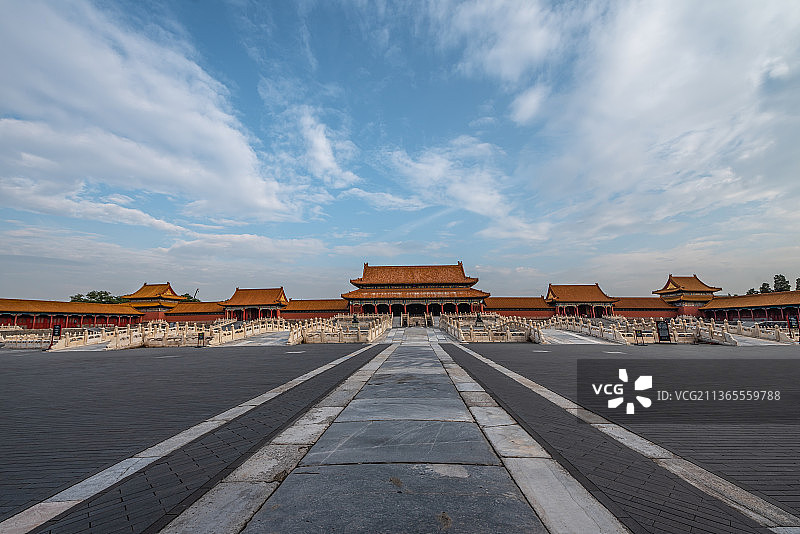 蓝天白云下的北京故宫金水桥和太和门全景图片素材