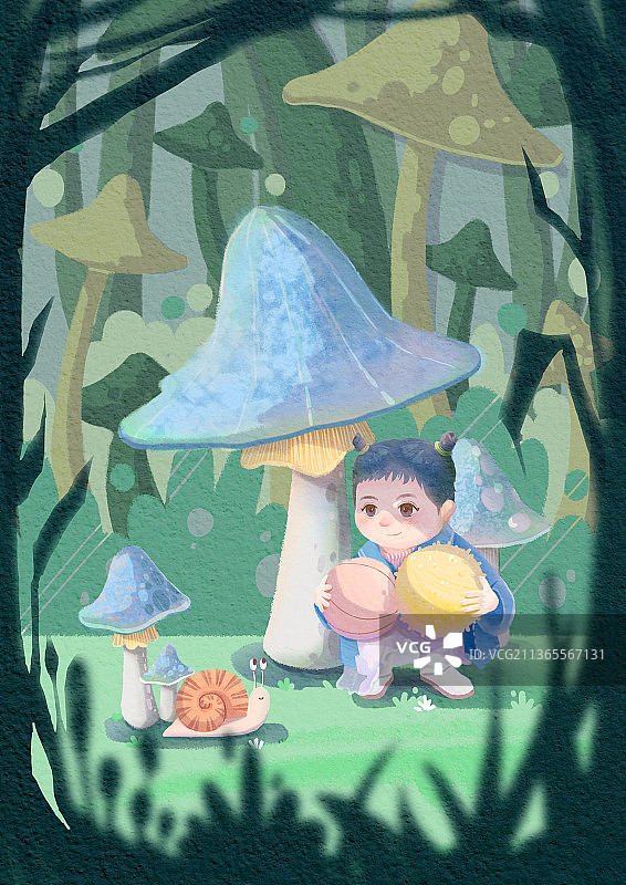 蘑菇蜗牛和女孩图片素材
