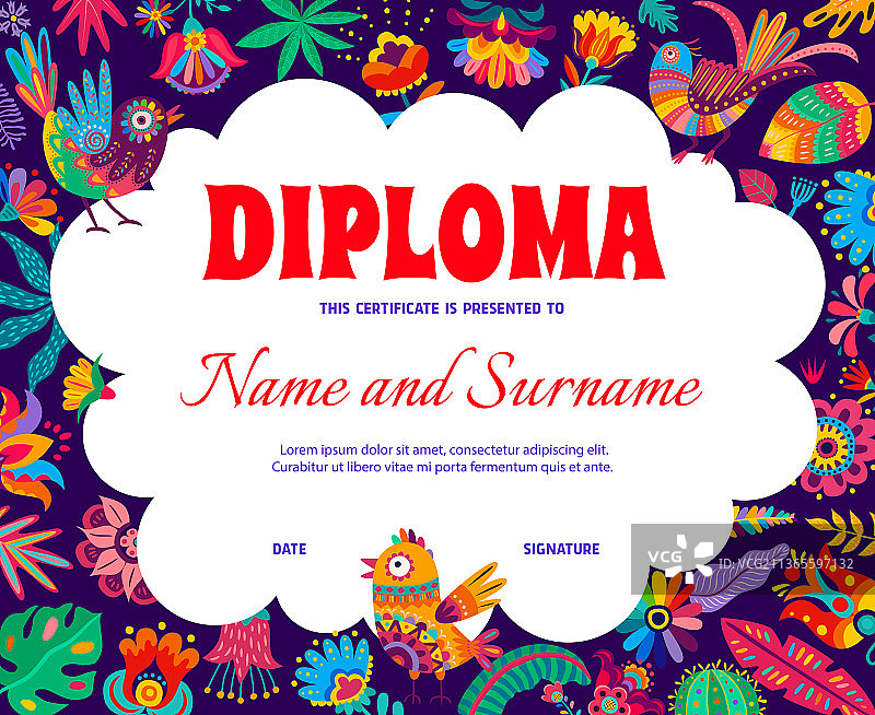 儿童文凭墨西哥神兽鸟仙人掌花图片素材