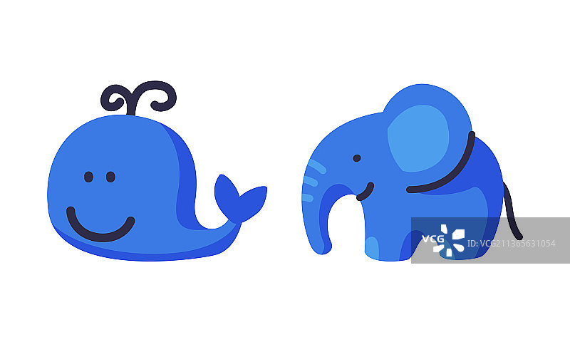 蓝色大象和鲸鱼彩色儿童玩具图片素材