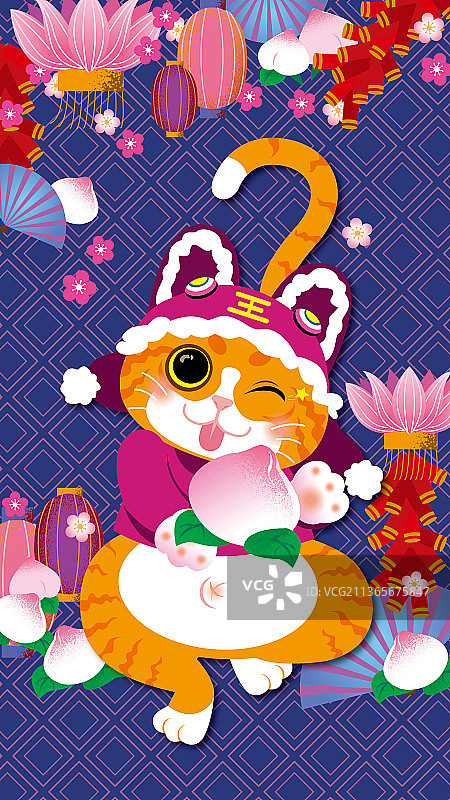 带虎头帽的橘猫虎年新春祝寿图片素材