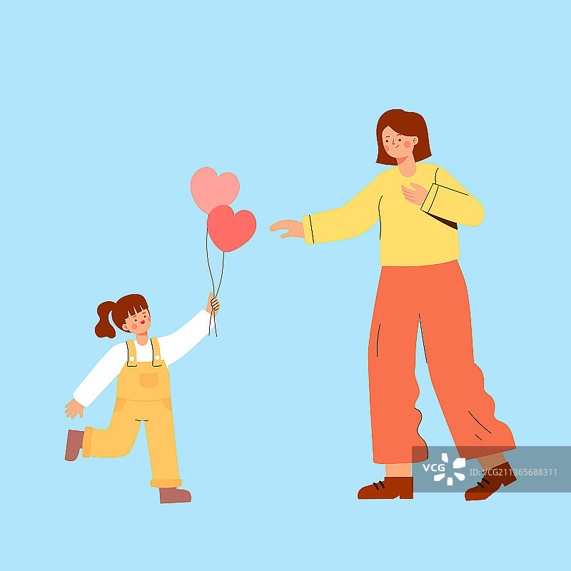 女儿送爱心气球给妈妈矢量插画图片素材