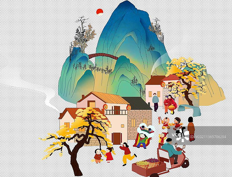 2022年虎年春节贺岁海报 小村庄里孩子们过新年图片素材