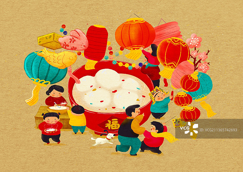 传统节日闹元宵吃汤圆看花灯插画图片素材