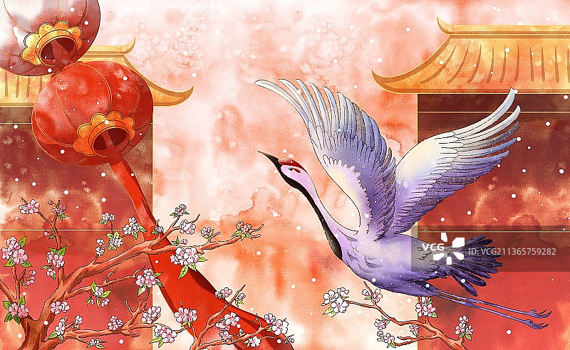 红墙的桃花和仙鹤水彩插画图片素材
