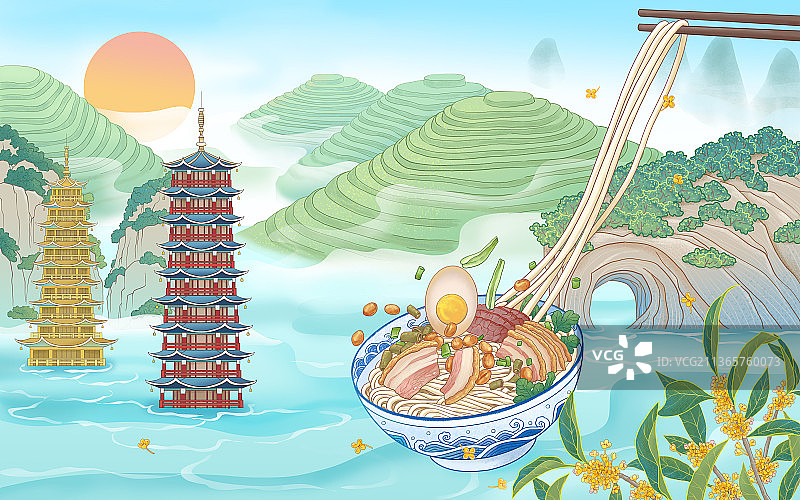 桂林米粉象鼻山金银塔梯田桂花图图片素材