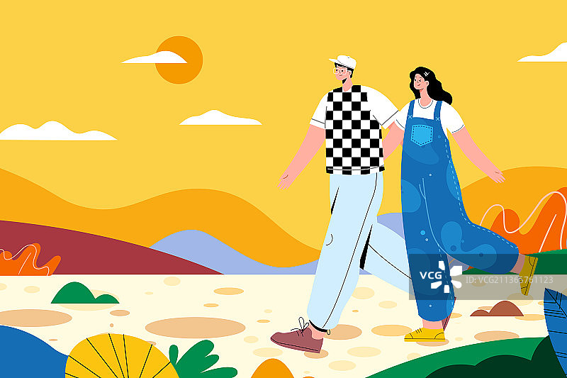 卡通购物节电商网购春游情侣情人节青年出游居家春季春天节气旅游旅行商务促销城市建筑自然风景渐变矢量插画图片素材