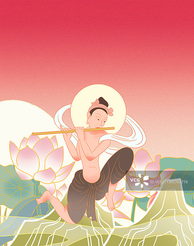 中国风新中式古风古典古文化甘肃敦煌莫高窟壁画莲花祥云插画图片素材