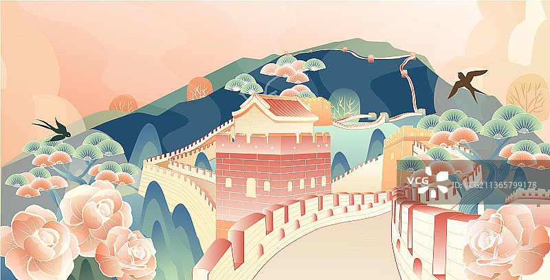 群山中春天的长城矢量插画横版图片素材