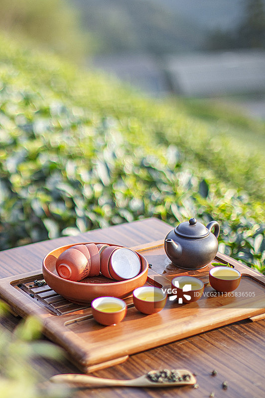 在茶园旁品茗着中国茶壶和茶杯富有禅意图片素材