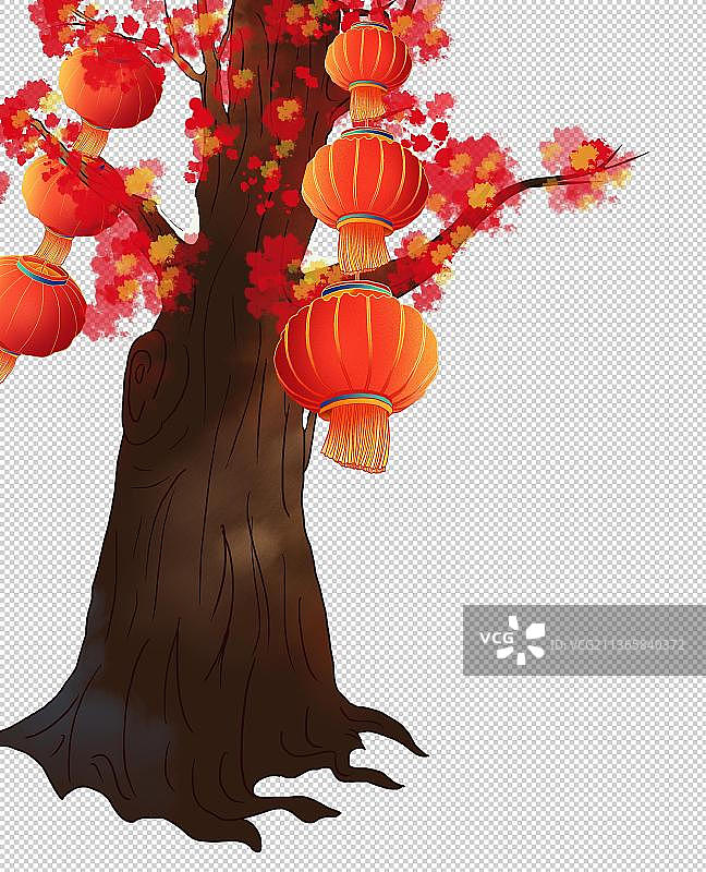 树上挂着红灯笼元素图片素材