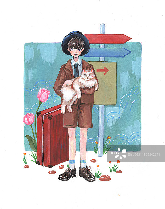 男孩抱猫图片素材