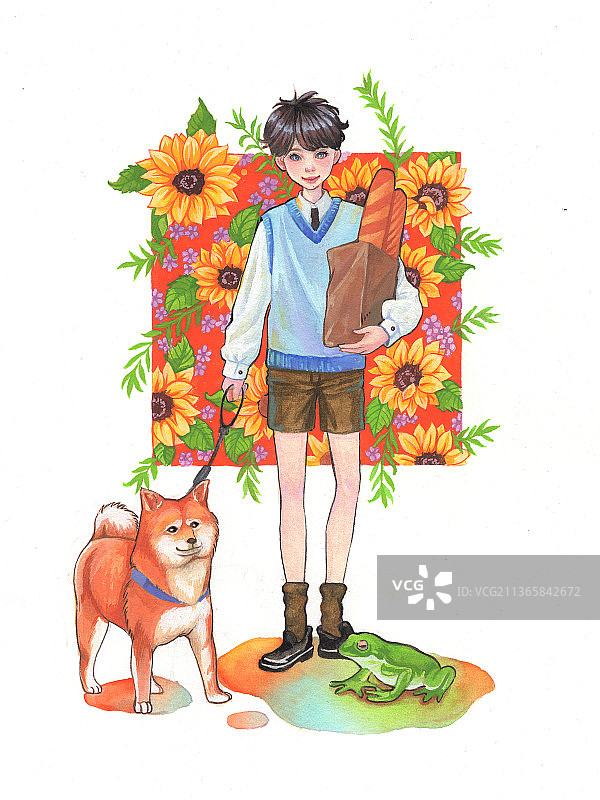 男孩遛狗图片素材