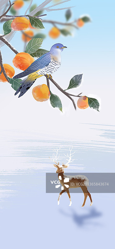 二十四节气霜降冬天户外野外梅花鹿柿子鸟类风景插画图片素材