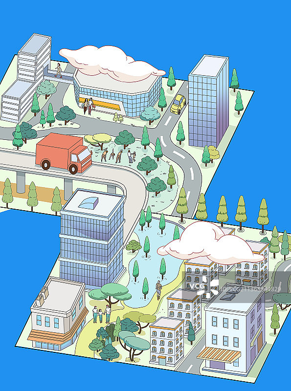 现代都市城市现代化社区俯瞰房子享受生活方式卡通插画图片素材