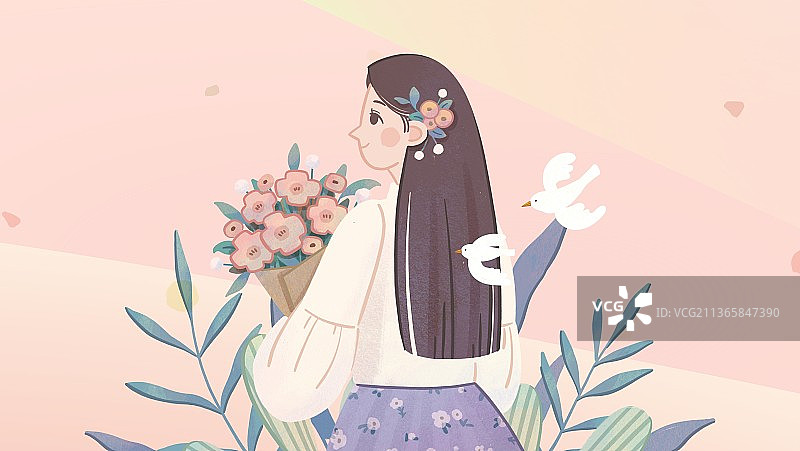 抱着花束的女孩图片素材