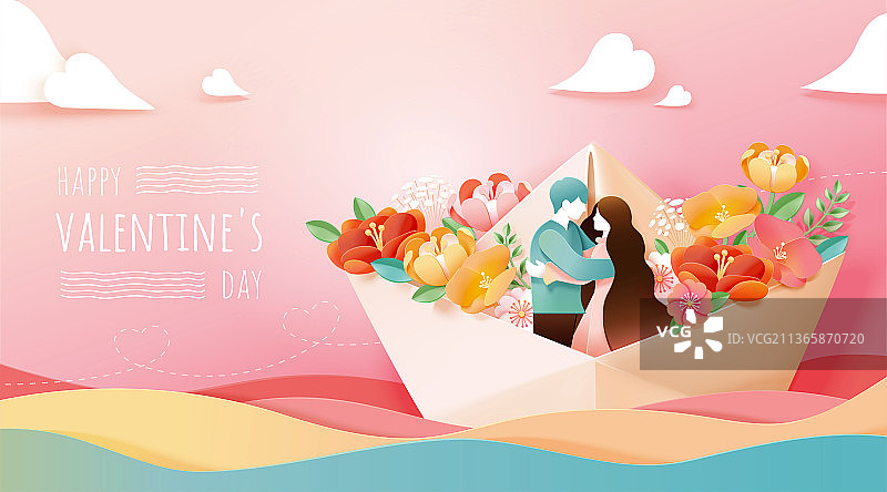 情人节浪漫纸船纸雕风贺卡图片素材