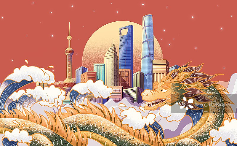 上海城市建筑和龙插画图片素材