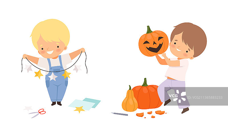 小男孩展示手工纸星星花环图片素材