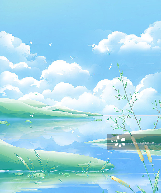 天空蔚蓝，空气清新，河边静静流淌的水，岸边草地青青，蓝色唯美治愈春季风景插画图片素材
