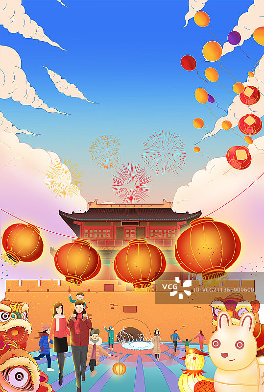 中国风新中式传统节日新年元宵节闹庙会猜灯谜一家三口休闲插画图片素材