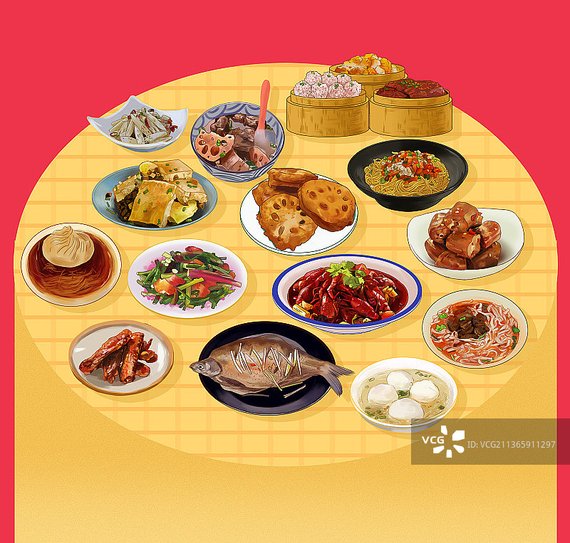 湖北武汉江汉地区民间传统美食热干面武昌鱼菜薹美食插画图片素材