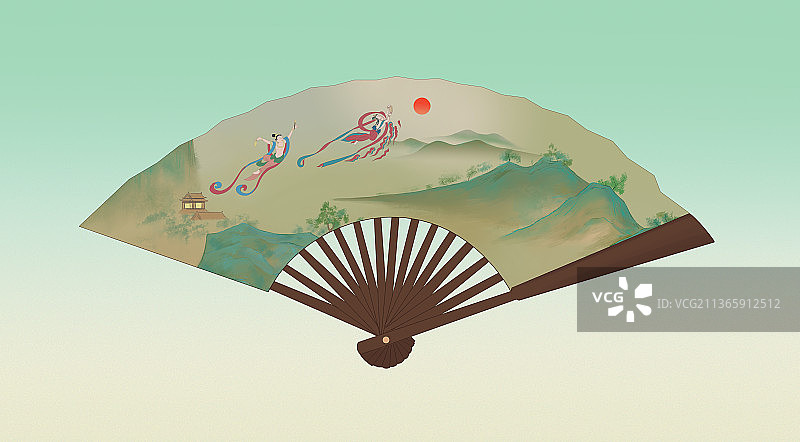 中国风新中式古风古典青绿山水中国画敦煌莫高窟飞天仙女插画图片素材