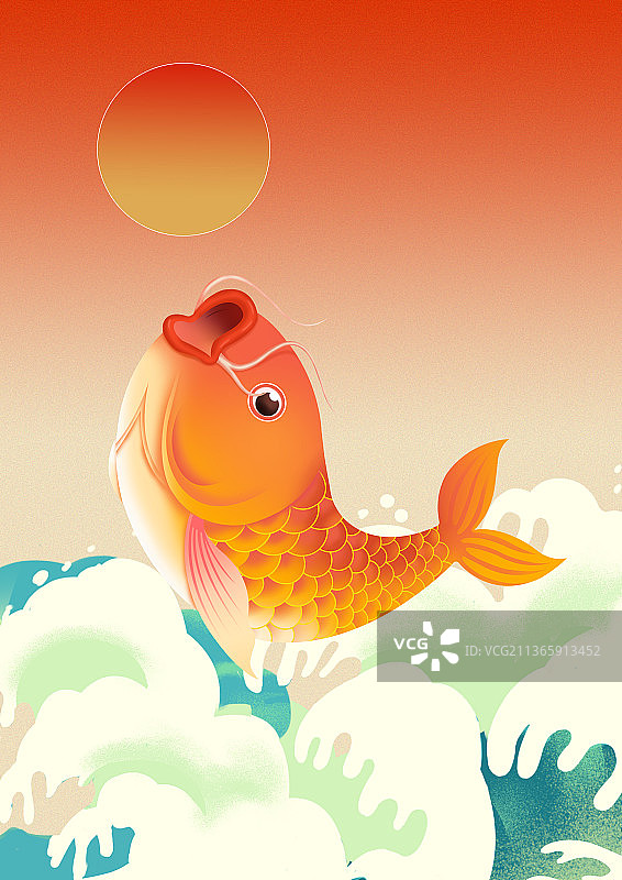 国潮风金色鲤鱼浮世绘风格日系平面设计海浪太阳插画图片素材