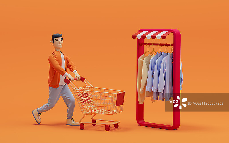 购物买衣服的卡通男性3D渲染图片素材