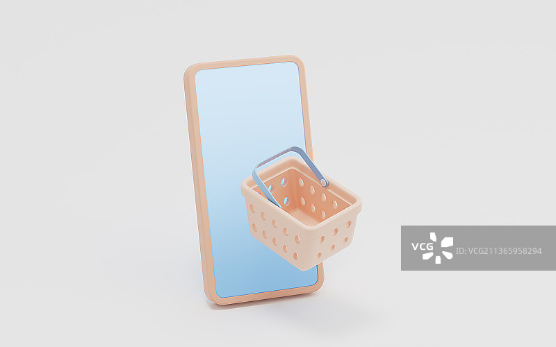 卡通手机与购物篮3D渲染图片素材