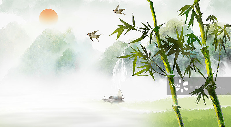 春天山水画 中国风山水背景插画图片素材