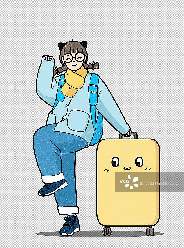 线条插画拿着行李箱快乐出行的女孩图片素材