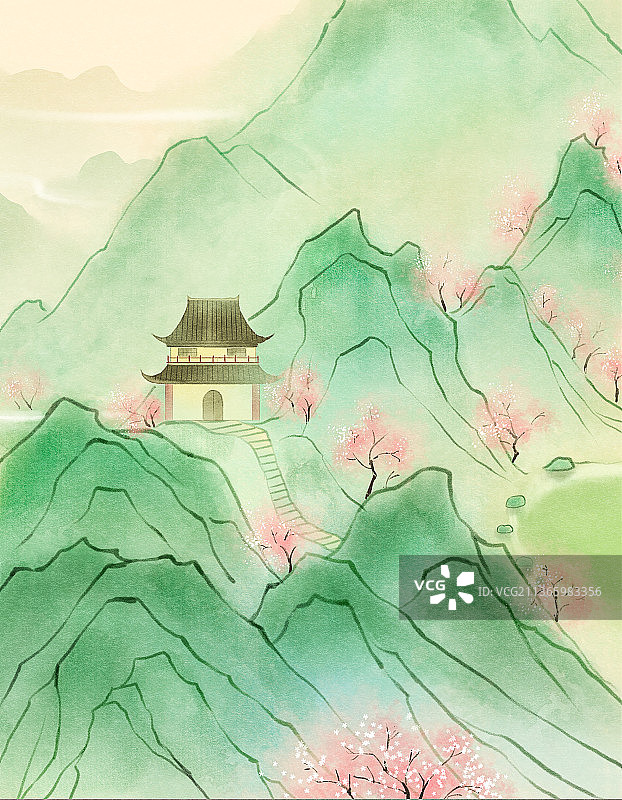 春季群山桃花图片素材