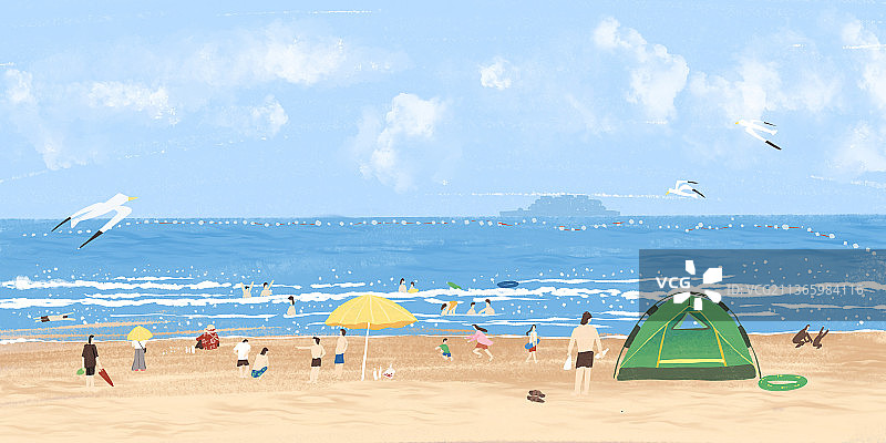 夏天很多人在海滩上搭帐篷放松游泳图片素材