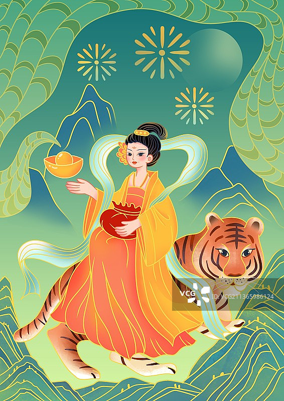 虎年创意插画，古典女人，元宝，图片素材