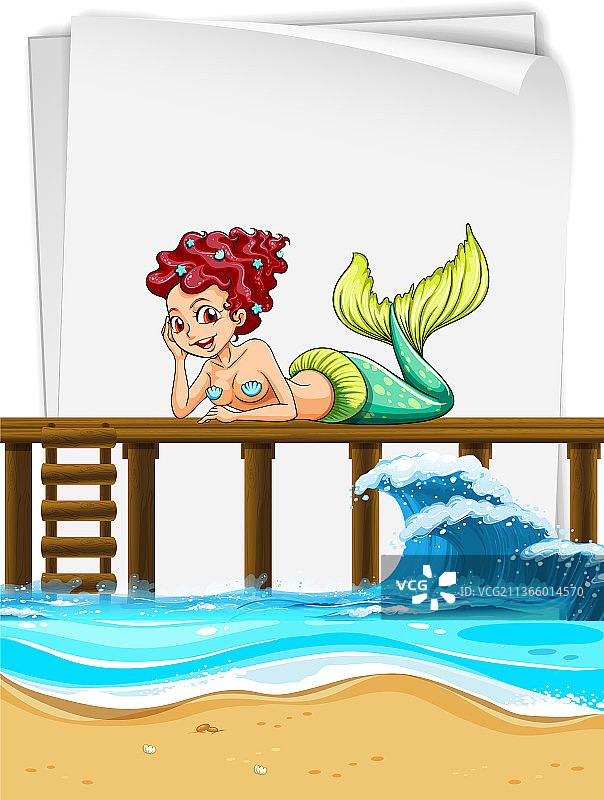 美人鱼坐在带有空白纸张的木制码头上图片素材