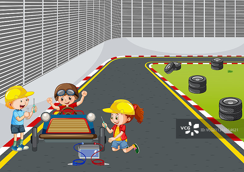 孩子们修理赛车的肥皂盒德比场景图片素材