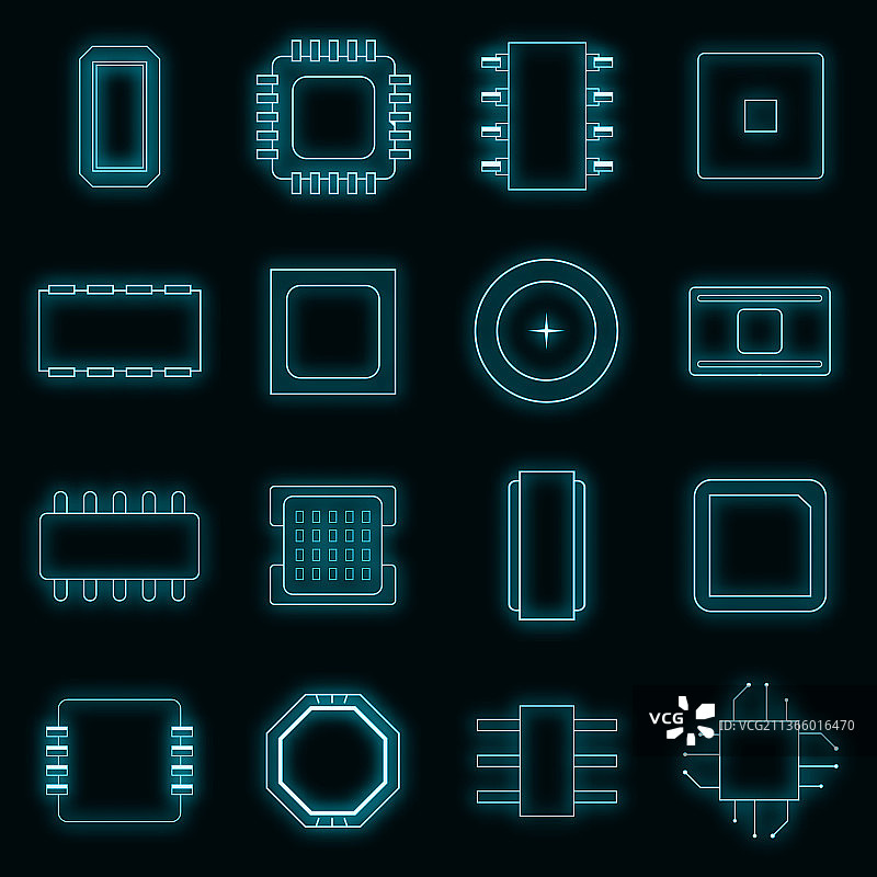 电脑芯片霓虹灯图标合集图片素材